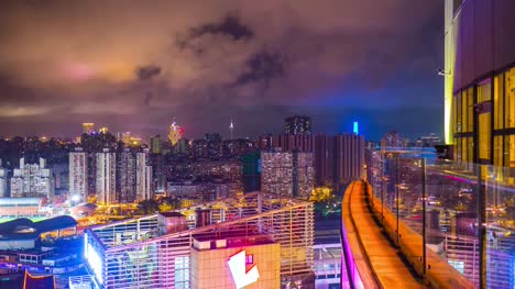 Nacht-Licht-beleuchtete-Macau-Stadtbild-Zhuhai-Stadt-Hotel-auf-dem-Dach-Terrasse-Panorama-4-k-Zeit-hinfällig,-china