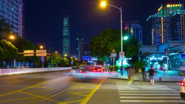 Nacht-Zeit-Shenzhen-Stadt-Verkehr-überfüllten-Zentrum-Straße-Panorama-4-k-Zeit-hinfällig,-china