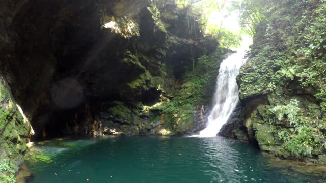 Mountain-waterfall-flowing-between-rocks