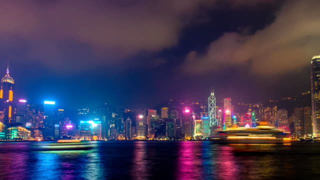 Imelapse-de-noche-iluminado-horizonte-de-Hong-Kong.-Hong-Kong,-China