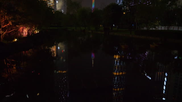 Nacht-erleuchtet-Guangzhou-Stadt-Zentrum-von-Megatalls-Gebäuden-Teich-Reflexion-Panorama-4k