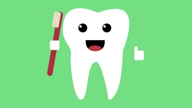 Cartoon-tanzen-glücklich-Zahn-Symbol,-gesunde-Zähne-Konzept-Schleife-grün-hintergrund