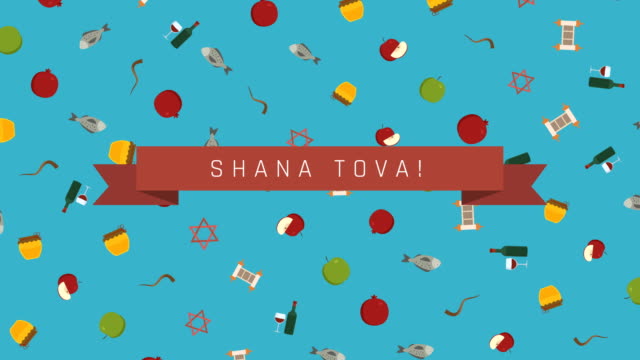 Rosh-Hashanah-holiday-flat-design-animation-background-with-traditional-symbols-and-english-text
