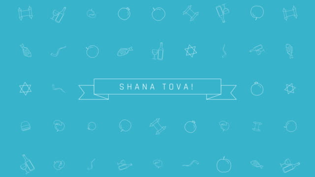 Rosch-ha-Schana-Ferienwohnung-design-Animation-Hintergrund-mit-traditionellen-Gliederung-Symbol-Symbole-und-englischer-text