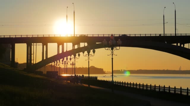 Volga-bridge-over-Volga-river,-Yaroslavl-region,-Rybinsk-city,-Russia.-Beautiful-landscape-with-water