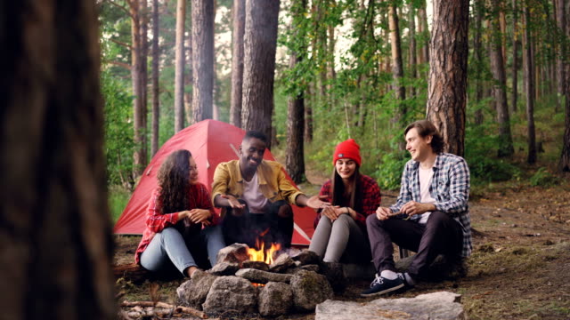 Multiracial-group-of-young-people-friends-is-having-fun-around-campfire-talking,-gesturing-and-laughing-enjoying-warmth,-good-company-and-beautiful-nature.
