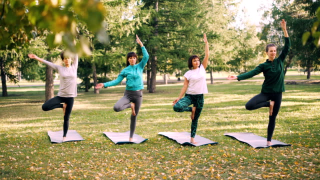 Konzentriertere-junge-Damen-balancieren-auf-einem-Bein-mit-erhobenem-Arm-Baumpose-dann-Hände-im-Namaste-zu-senken-und-entspannen.-Natur,-Erholung-und-Sport-Konzept.