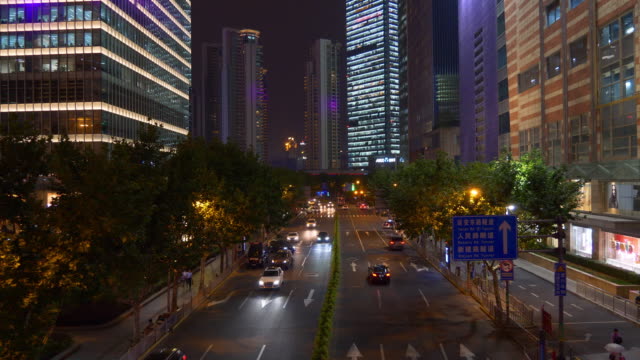 Nacht-erleuchtet-Stadtverkehrs-Straße-Panorama-4k-China-shanghai