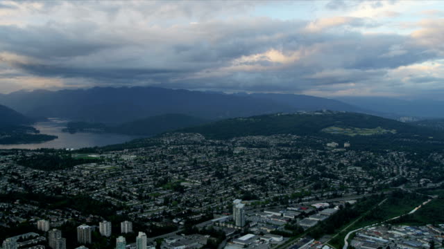 Aerial-dusk-view-residential-commuter-homes-east,-Vancouver