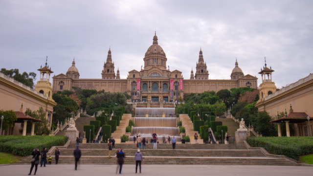 Luz-de-día-Nacional-real-Palacio-panorama-4-K-lapso-de-tiempo-de-Barcelona