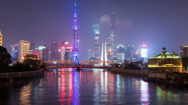 Shanghai-Stadt-bei-Nacht-Landschaft,-4-k-Zeitraffer