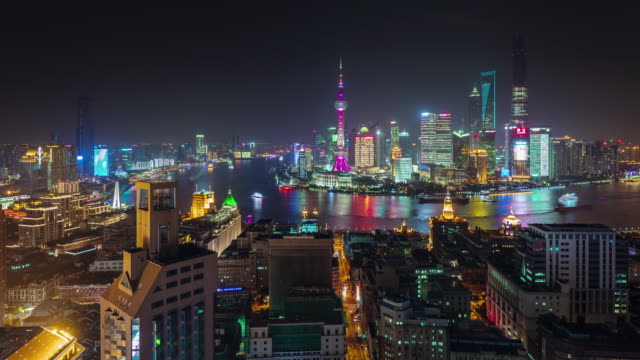 Nachtbeleuchtung-China-shanghai-Dach-Top-Stadtbild-Stadtpanorama-4k-Zeitraffer