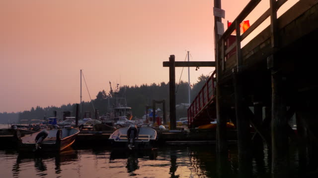 Vancouver-Kanada-Hafen-Boote,-rosa-Himmel-Sonnenuntergang-und-Kanada-Flagge-Zeitlupe