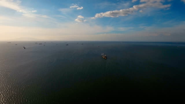 Aerial-Cargo-ships-anchored-in-the-sea.-Philippines,-Manila