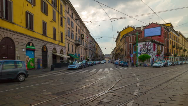 Italien-Tag-leichte-Mailand-Stadt-berühmten-Kanals-Bucht-Verkehr-Straße-Panorama-4k-Zeitraffer