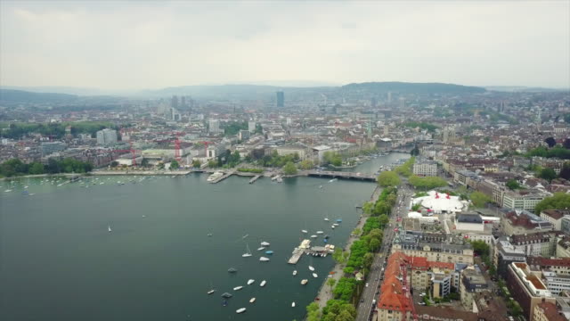 Schweiz-Zürich-See-Stadtbild-Bucht-Luftbild-Panorama-4k