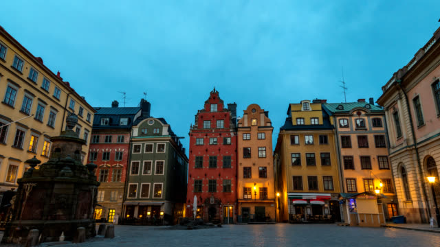 Stockholm-Sweden-time-lapse-4K,-city-skyline-night-to-day-timelapse-at-Gamla-Stan-old-town-and-Stortorget