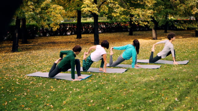 Girls-in-trendy-sportswear-are-exercising-in-park-moving-from-one-position-into-another-on-yoga-mats.-Green-and-yellow-grass-and-autumn-trees-are-visible-in-park.