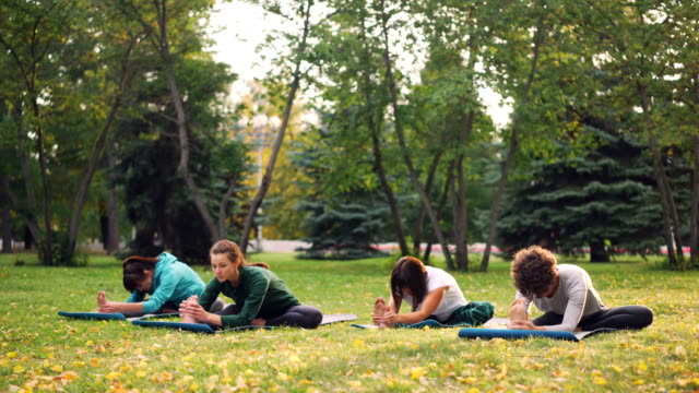Weibliche-yogaschüler-machst-stretching-Übungen-mit-Instruktor-schöne-Frau-während-der-Outdoor-Klasse-im-Park.-Relaxed-Mädchen-konzentrieren-sich-auf-die-Praxis.