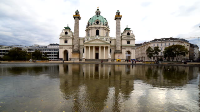 ultra-wide-afternoon-shot-of-st-charles-church-and-pool-in-vienna,-austria