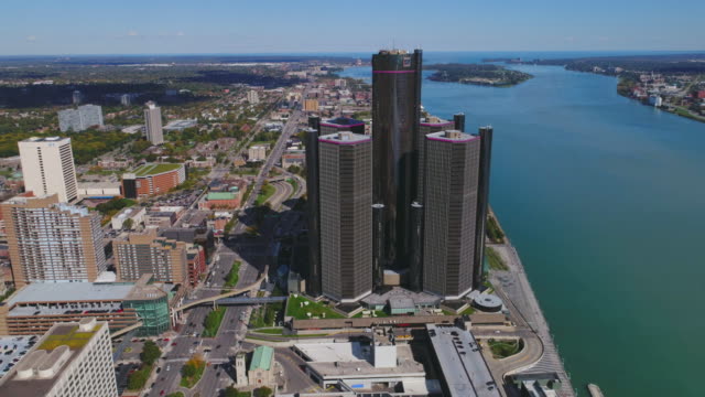 Centro-de-Detroit-Michigan-Renacimiento-vista-aérea-de-Cityscape-USA