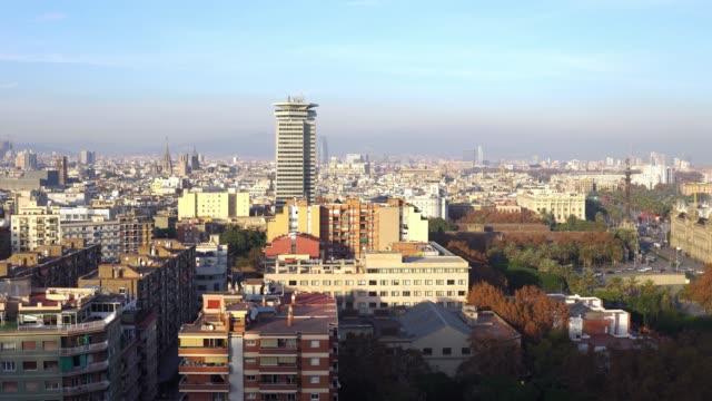 panorama-del-paisaje-urbano-de-Barcelona,-4-de-k-de-España-tiro