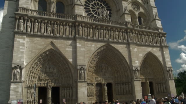 tilt-shot-of-Notre-Dame-Church,-Paris-,entrance-to-towers