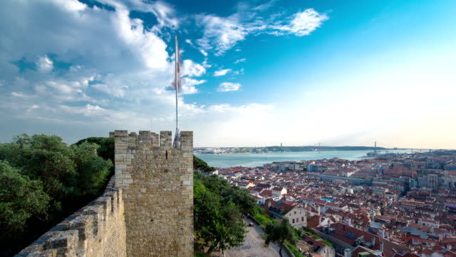 View-of-the-historical-Lisbon-Baixa-downtown-and-Tagus-River,-from-the-Sao-Jorge-St.-George-Castle-in-Lisbon,-Portugal-timelapse