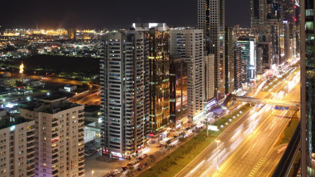 roof-view-4k-time-lapse-on-main-high-light-street-in-dubai