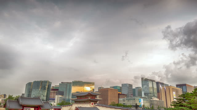 Panorama-de-timelapse-atardecer-centro-de-la-ciudad-de-Seúl