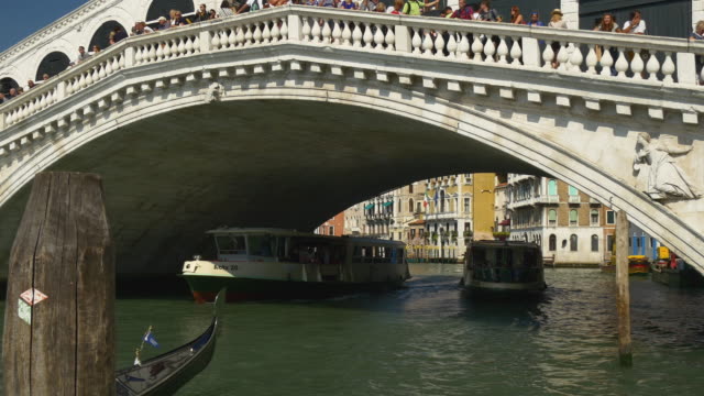 Italia-día-soleado-Venecia-ciudad-más-popular-gran-canal-rialto-puente-tráfico-panorama-4k
