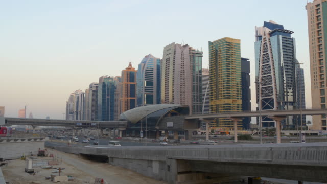 dubai-sunset-jlt-sheikh-zayed-traffic-road-metro-line-panorama-4k-united-arab-emirates