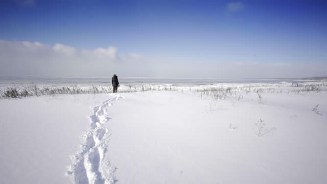 Ansicht-der-Georgian-Bay-Ontario-Kanada-im-Winter-mit-Schnee-Frau-zu-Fuß