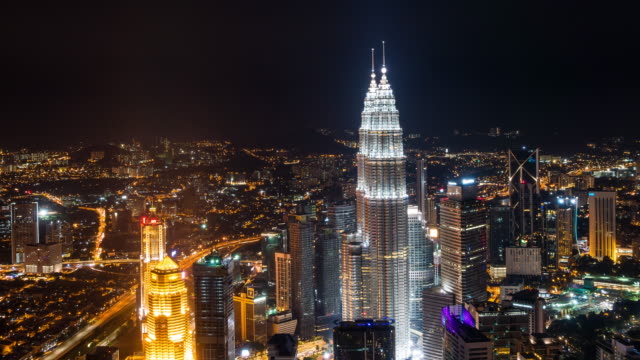 Time-Lapse---Nightscape-at-Kuala-Lumpur-City.-High-Angle/Aerial-View.-Petronas-Towers-Visible.