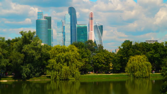 Park-by-the-pond-in-the-background-of-skyscrapers