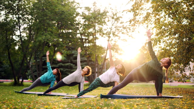 Good-looking-women-in-sports-clothing-are-doing-yoga-exercises-in-park-on-sunny-day-in-autumn-enjoying-practice-and-nature.-Youth-and-sports-concept.