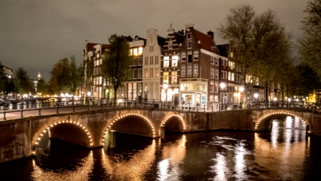 panorámica-de-noche-timelapse-de-canales,-puentes-y-casas-en-amsterdam