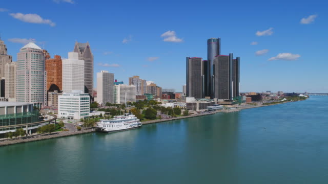 Detroit-Michigan-Stadtansicht-Luftaufnahme-USA