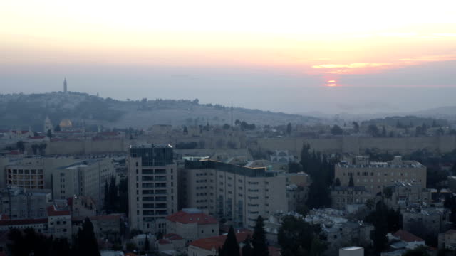 Sunrise-Time-Lapse-sobre-casco-antiguo-de-la-ciudad,-Jerusalén,-Israel