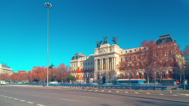 ministery-of-agricultura-front-traffic-street-panorama-4k-time-lapse-spain-madrid