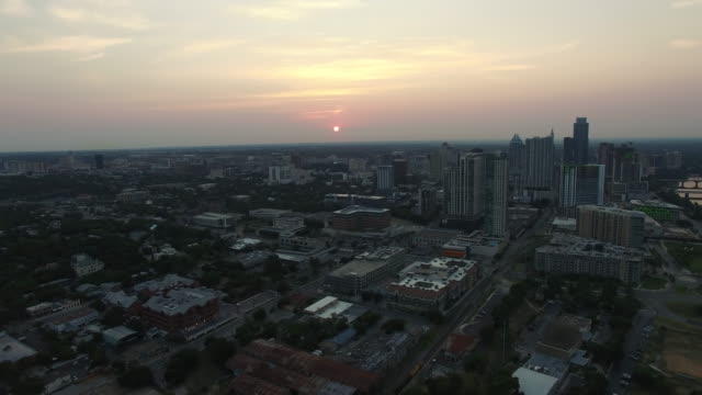 Aerial-view-of-Austin-skyline-at-nightfall---Austin,-Texas,-USA