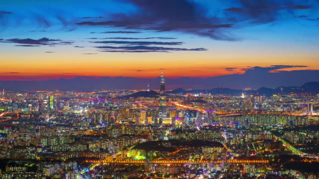 Zeitraffer-der-Stadt-Seoul-und-Lotte-Tower,-Südkorea.