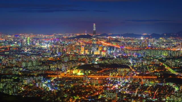 Ciudad-de-Seúl-y-Torre-de-Lotte,-Corea-del-sur.-Lapso-de-tiempo