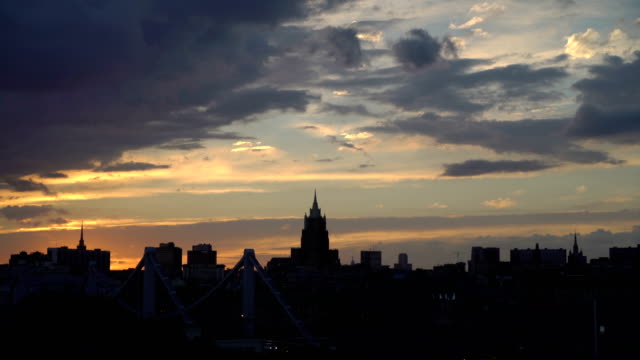 Beautiful-sunset-to-night-transition-over-city-of-Moscow-downtown-skyline.-Night-city-skyline-sunset.-Silhouette-of-Ministry-of-Foreign-Affairs-famous-seven-sisters