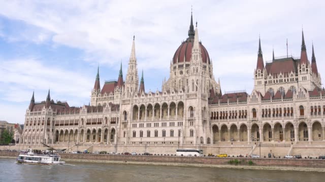 El-paisaje-del-edificio-del-Parlamento-húngaro-con-consejos-de-la-nave-en-el-Danubio-en-Budapest,-Hungría-en-la-tarde.