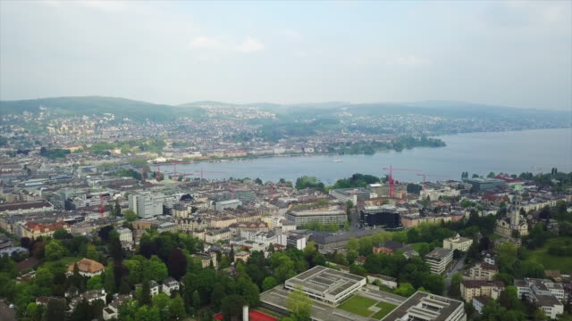 der-Schweiz-sonnigen-Zürich-See-Stadtbild-aerial-Panorama-4k