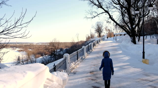 Young-woman-in-blue-down-jacket-with-fur-hood-walking-in-winter-park.-Back-view.