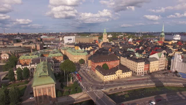 Aerial-view-of-Stockholm-Gamla-stan.-Old-Town-cityscape,-street-and-traffic