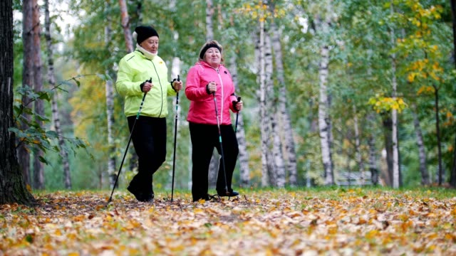 Alte-Frauen-während-einer-skandinavischen-in-einem-herbstlichen-Park-zu-Fuß-gehen.-Seitenwinkel