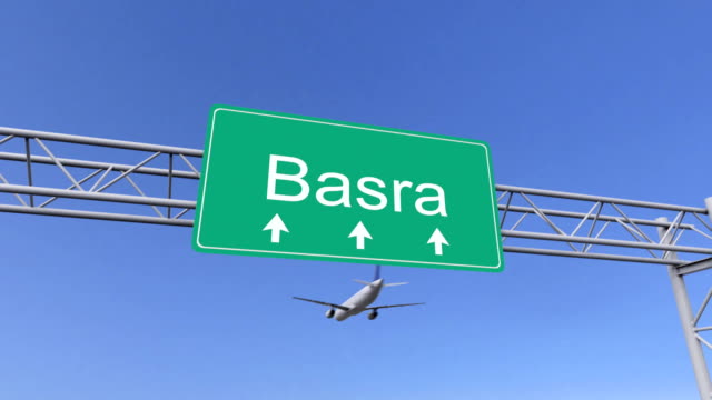 Twin-Motor-Passagierflugzeug-Ankunft-Flughafen-Basra.-Reisen-nach-Irak-konzeptionelle-FullHD-animation